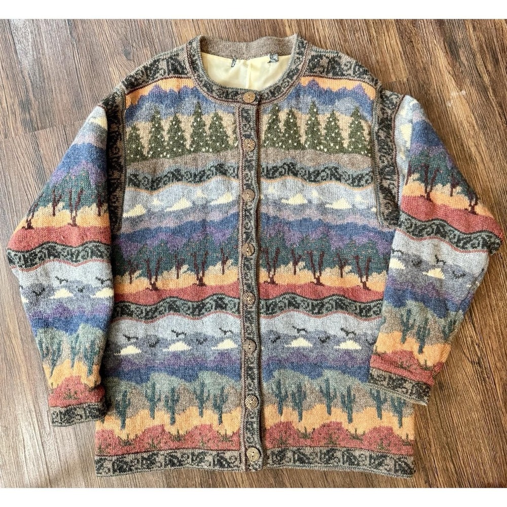 Vintage Atlandia 1996 Lined Landscape Cardigan Sweater Multi Color Knit Large
